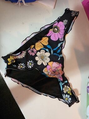 Floral Black Bikini Bottoms with Pink & Yellow Accents